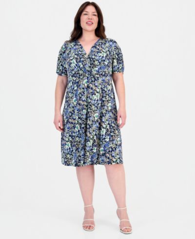 Connected Plus Size Surplice-Neck Short-Sleeve Dress