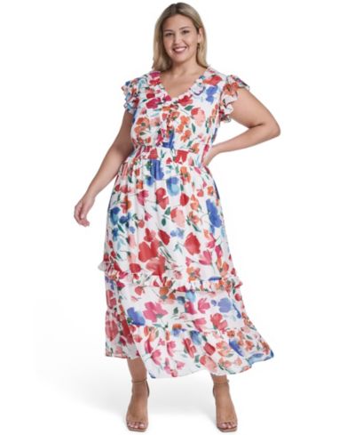 Jessica Howard Plus Size V-Neck Smocked Waist Midi Dress
