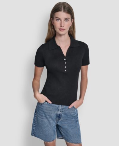 DKNY Jeans Women's Short-Sleeve Rib Collared Polo Top