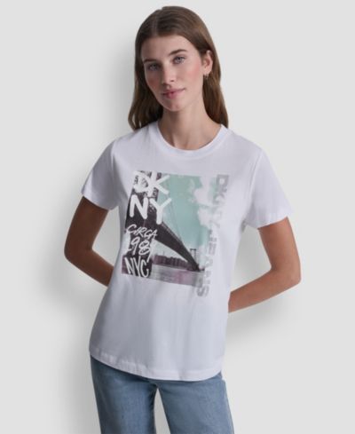DKNY Jeans Women's Rhinestone Graffiti Logo Crew Neck T-Shirt