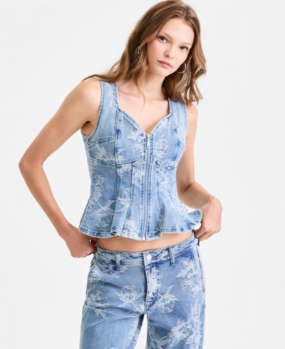 GUESS Women's Anika Sleeveless Printed Denim Peplum Top