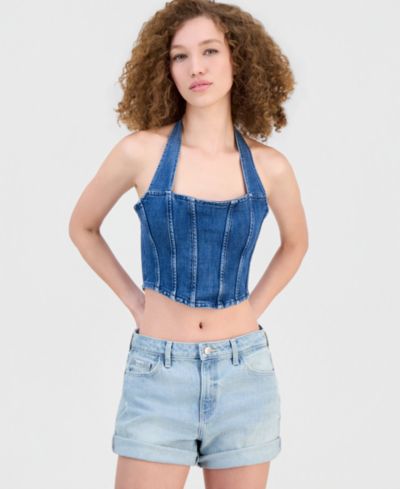 GUESS Women's Max Halter Denim Bustier Top