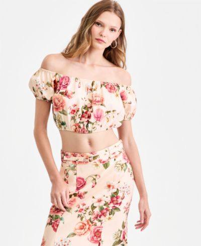 GUESS Women's Ryan Off-The-Shoulder Linen-Blend Floral Top