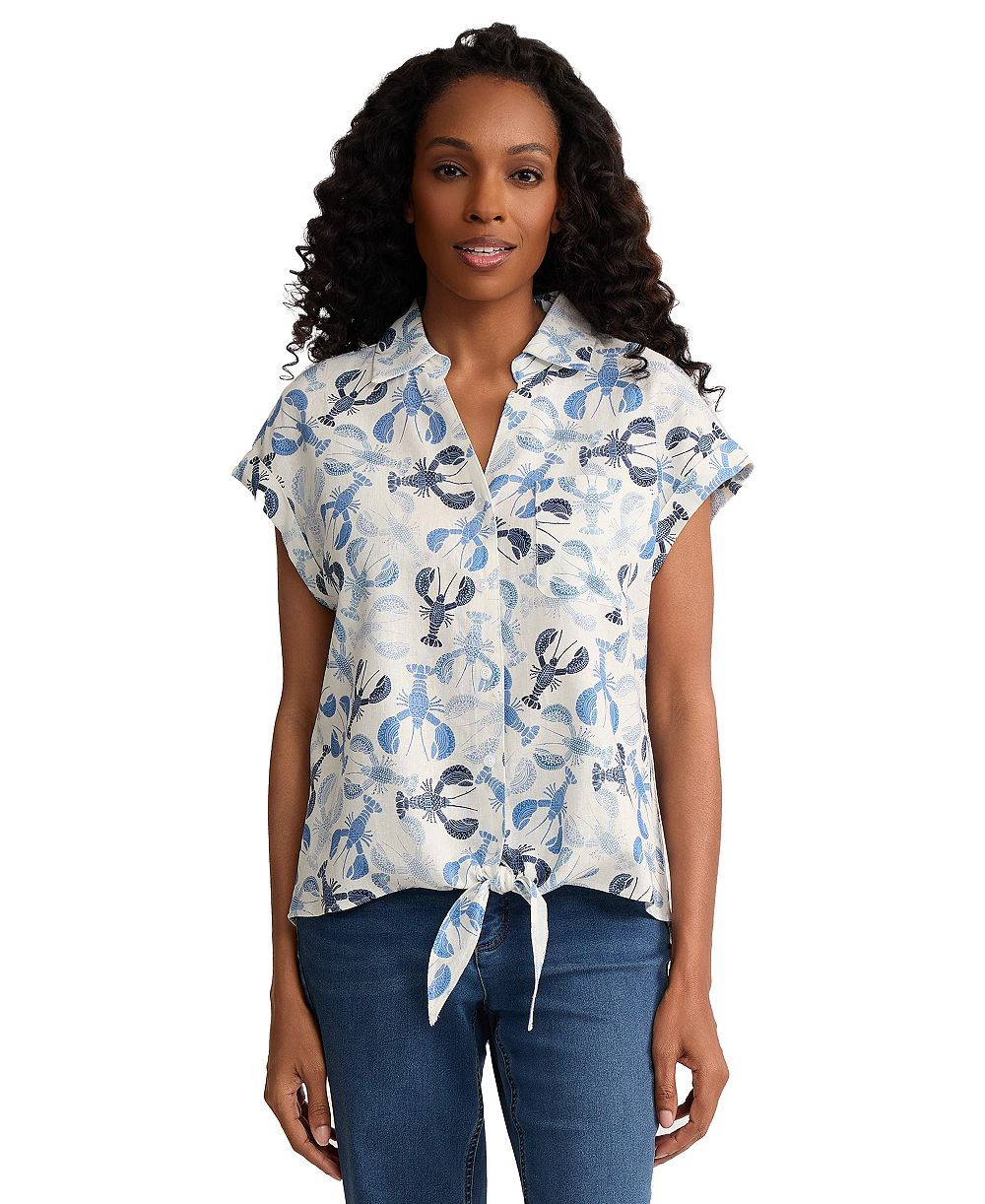 Женский топ Jones New York Petite Collared Short-Sleeve Linen Button Top