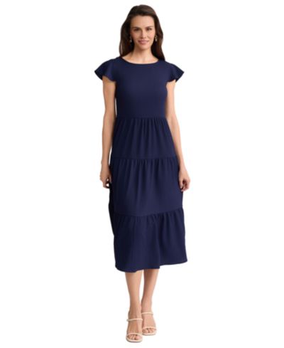 Jones New York Petite Boat Neck Flutter-Sleeve Tiered Midi Dress