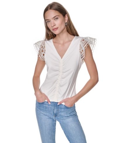DKNY Women's V-Neck Lace Trim Gathered Top