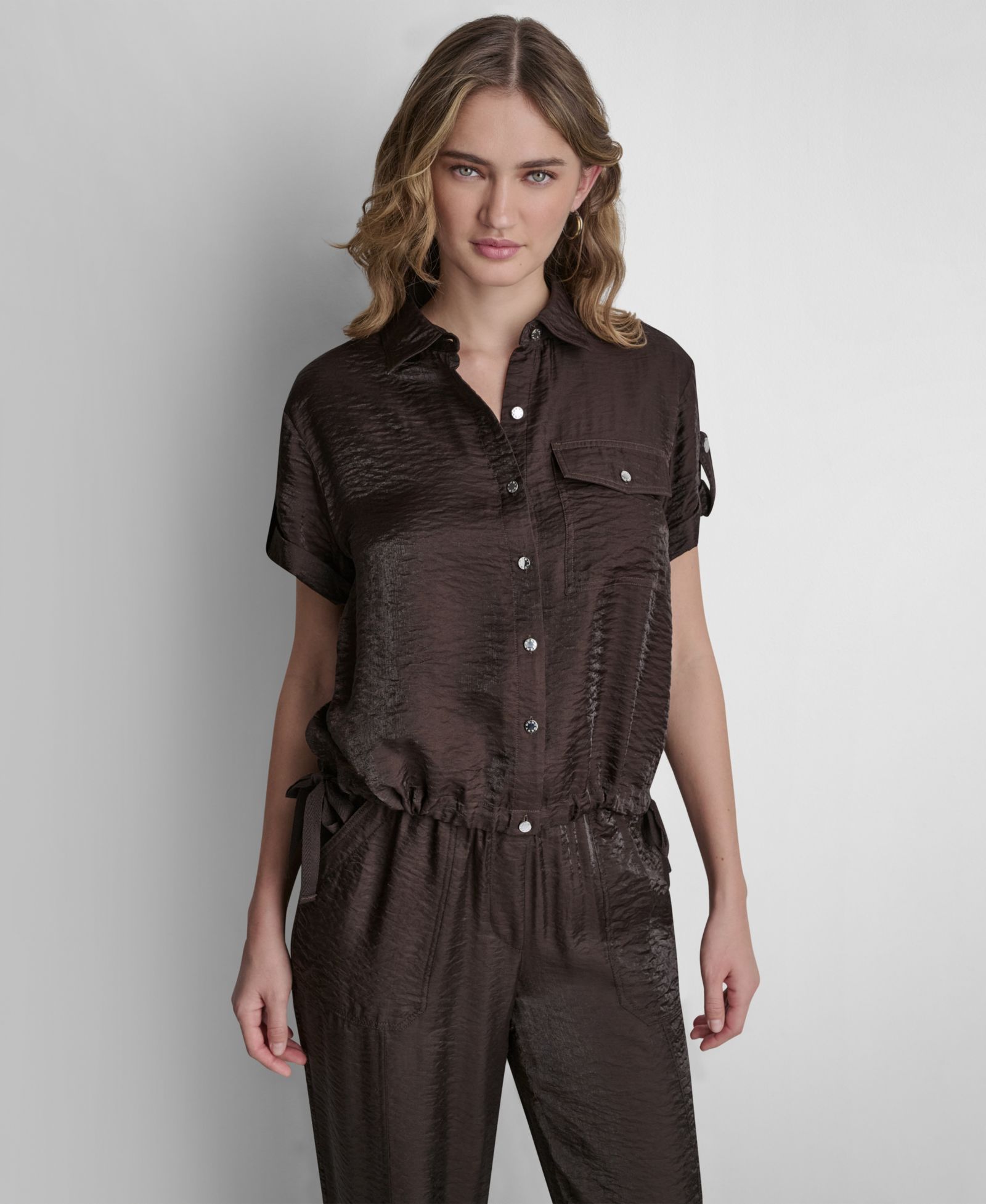 DKNY Women's Short-Sleeve Roll Tab Twinkle Camp Shirt