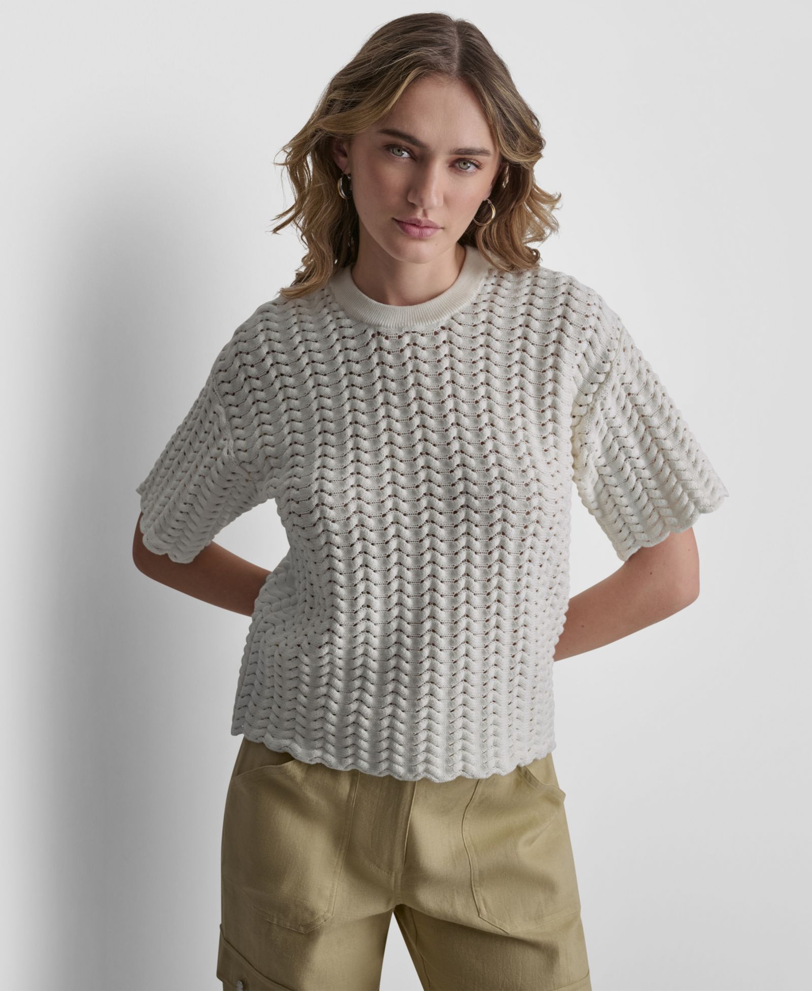 DKNY Women's Short-Sleeve Open Lattice Stitch Sweater
