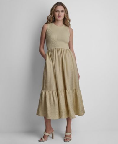 DKNY Women's Sleeveless Sweater Top Mixed Media Midi Dress