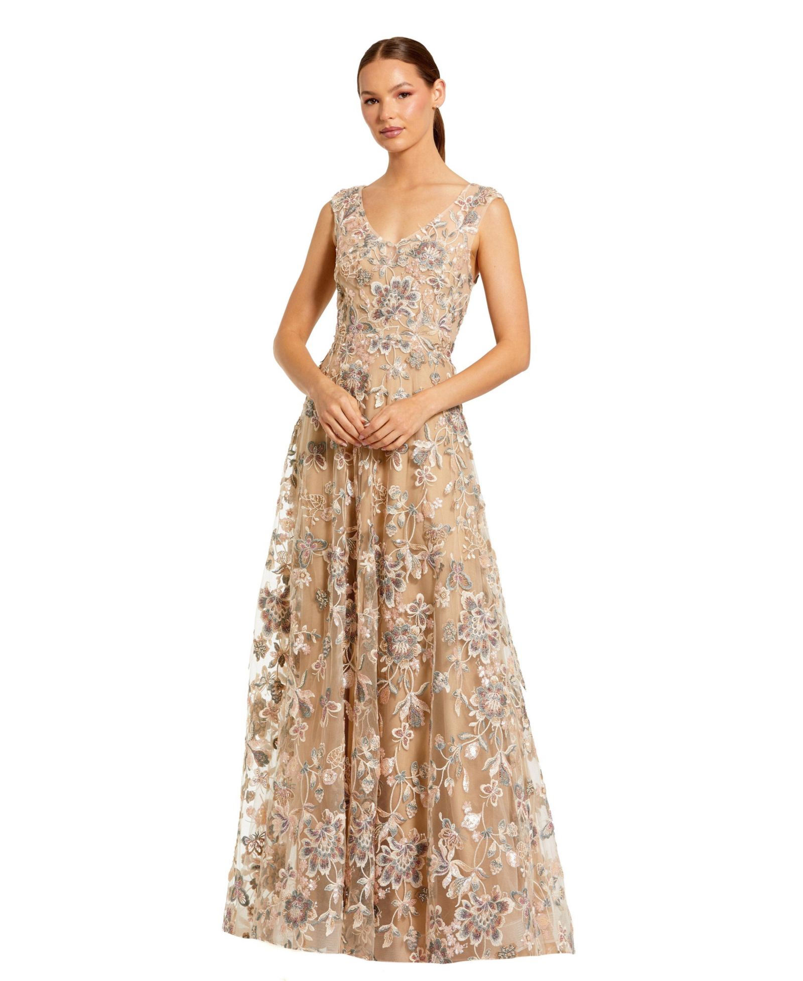 Вечернее платье Mac Duggal Women's Floral Embroidered Sleeveless V Neck Gown