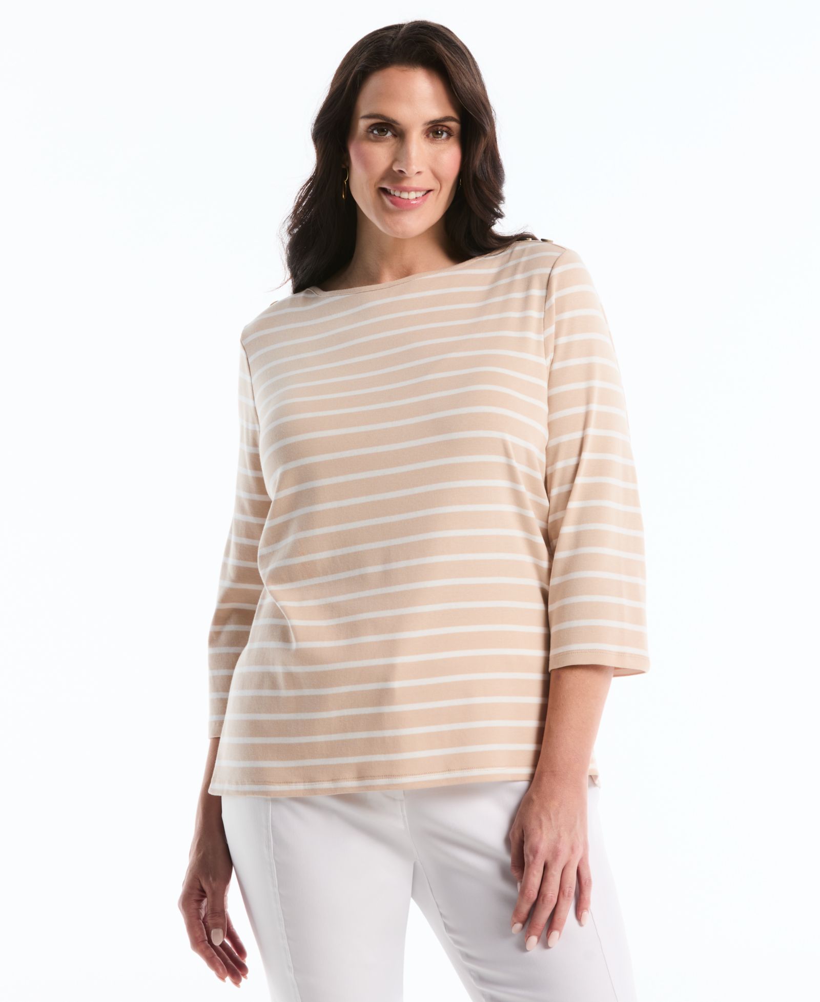 Rafaella Plus Size Stripe Boat Neck 3/4-Length Sleeve Top