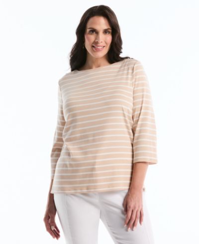 Rafaella Plus Size Stripe Boat Neck 3/4-Length Sleeve Top