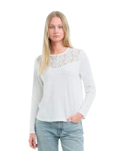 WILT Women's Lace Yoke Henley Tee