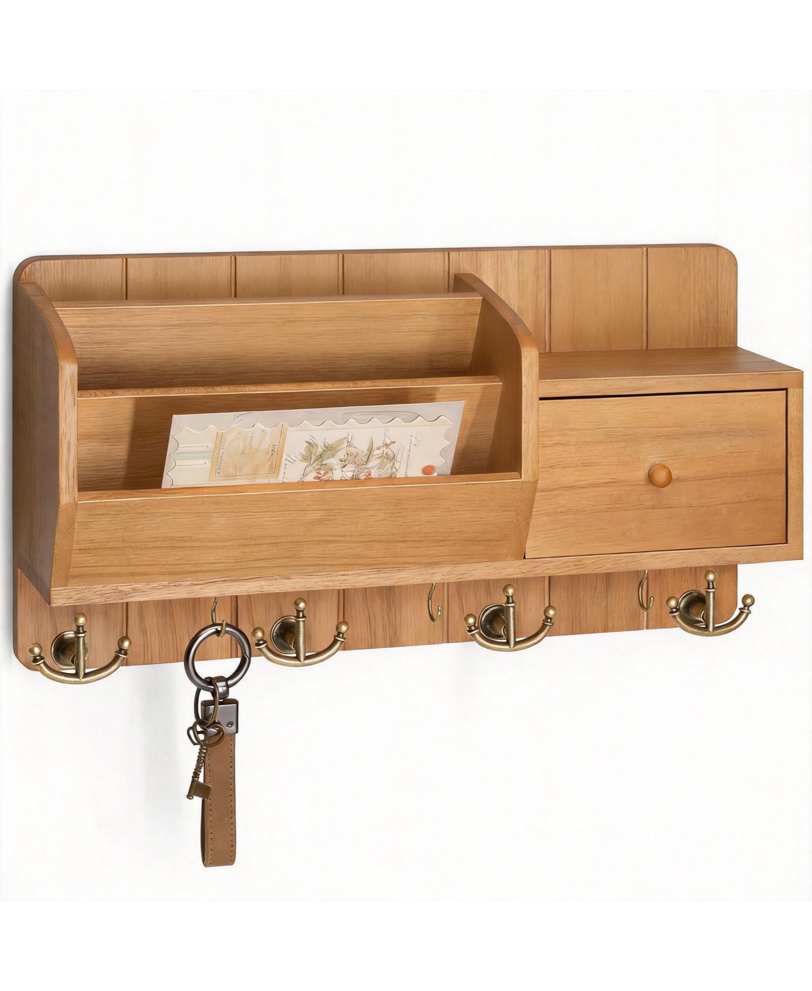 YIGII Wall Organizer with Mail Sorter, Drawer, Hooks, and Shelf - Rustic Decor