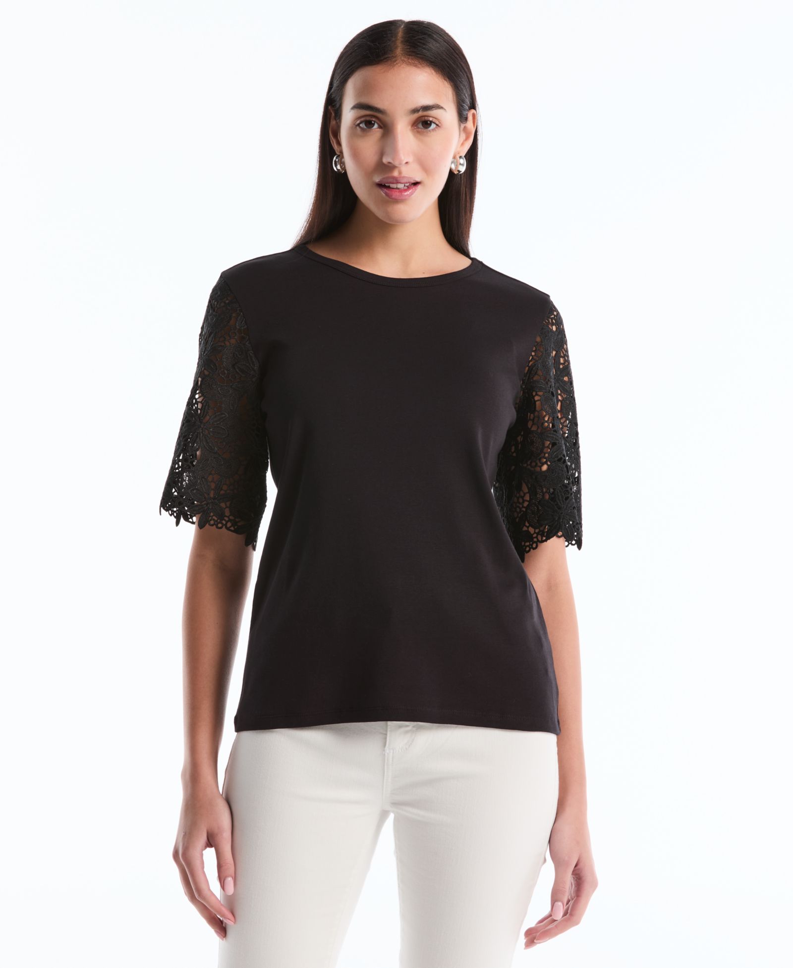 Rafaella Petite Draped Lace Crew Neck Top