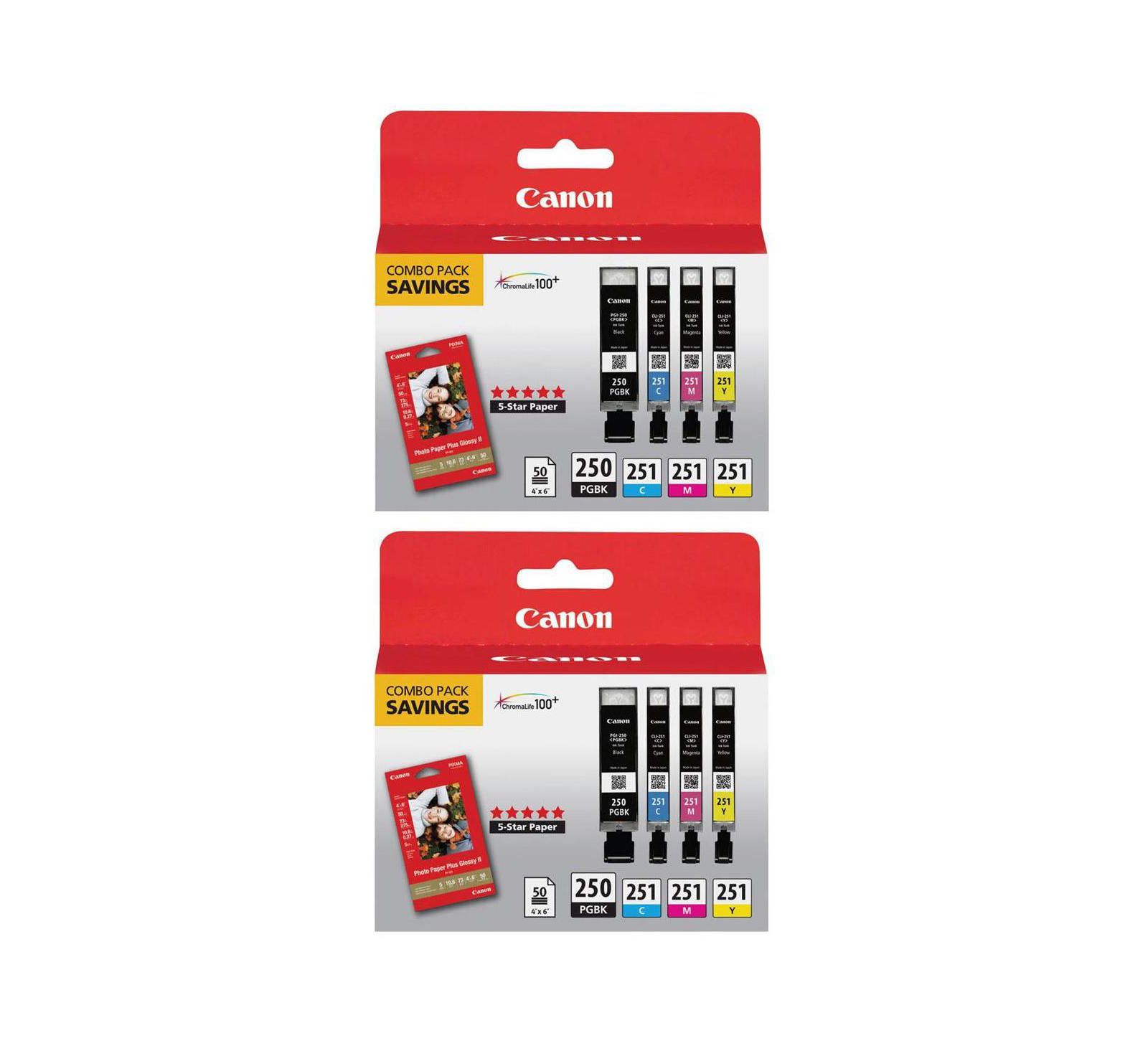 Canon 2 pack PGI 250 & CLI 251 combo with photo paper, cyan, yellow, magenta & black inks.