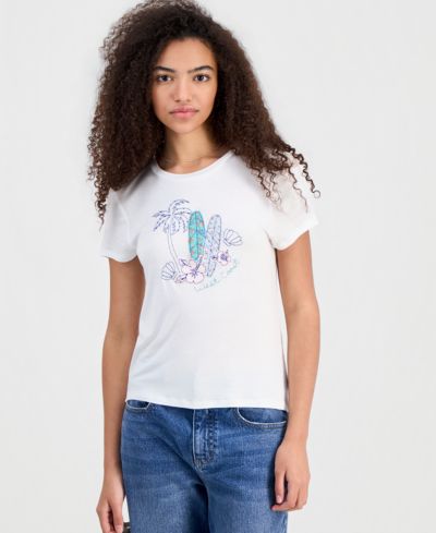 Rebellious One Juniors' Embellished Surfboard Graphic T-Shirt