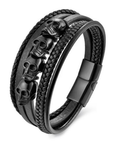 Мужской браслет Rhona Sutton Obsidian Skull из кожи и нержавеющей стали