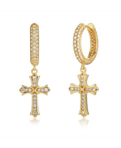 Rhona Sutton Men's Cubic Zirconia Classic Iced Cross Hoop Earrings in 14k Gold