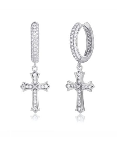 Rhona Sutton Men's Cubic Zirconia Iced Cross Hoop Earrings in Sterling Silver