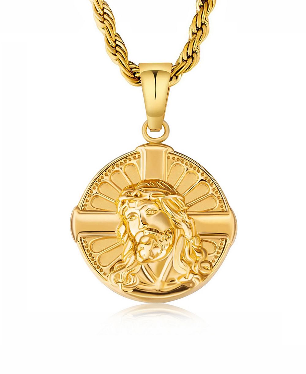 Мужское ожерелье Rhona Sutton Jesus Cross Coin Pendant из позолоченной нержавеющей стали 18k