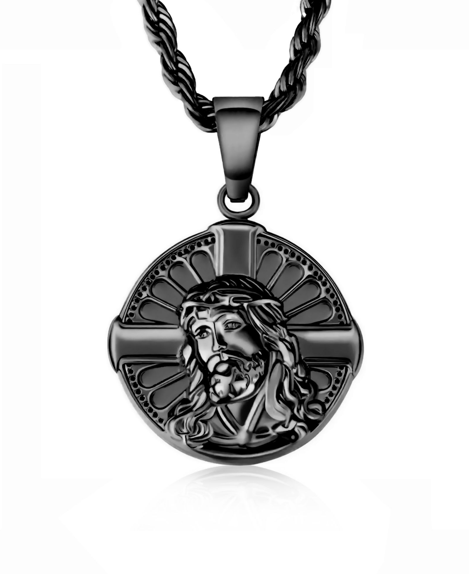 Rhona Sutton Men's Stainless Steel Black Plated Jesus Cross Coin Pendant Necklace