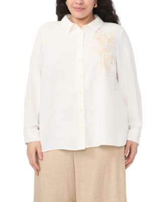 Vince Camuto Plus Size Button-Down Tunic Flower Applique Blouse