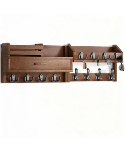 YIGII Solid Wood 6-in-1 Wall Organizer with 12 Hooks, Drawer & Shelf for Entryways