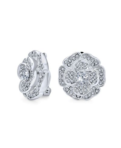 Серьги-клипсы Bling Jewelry Cubic Zirconia Pave CZ 3D Statement Rose Flower Shape