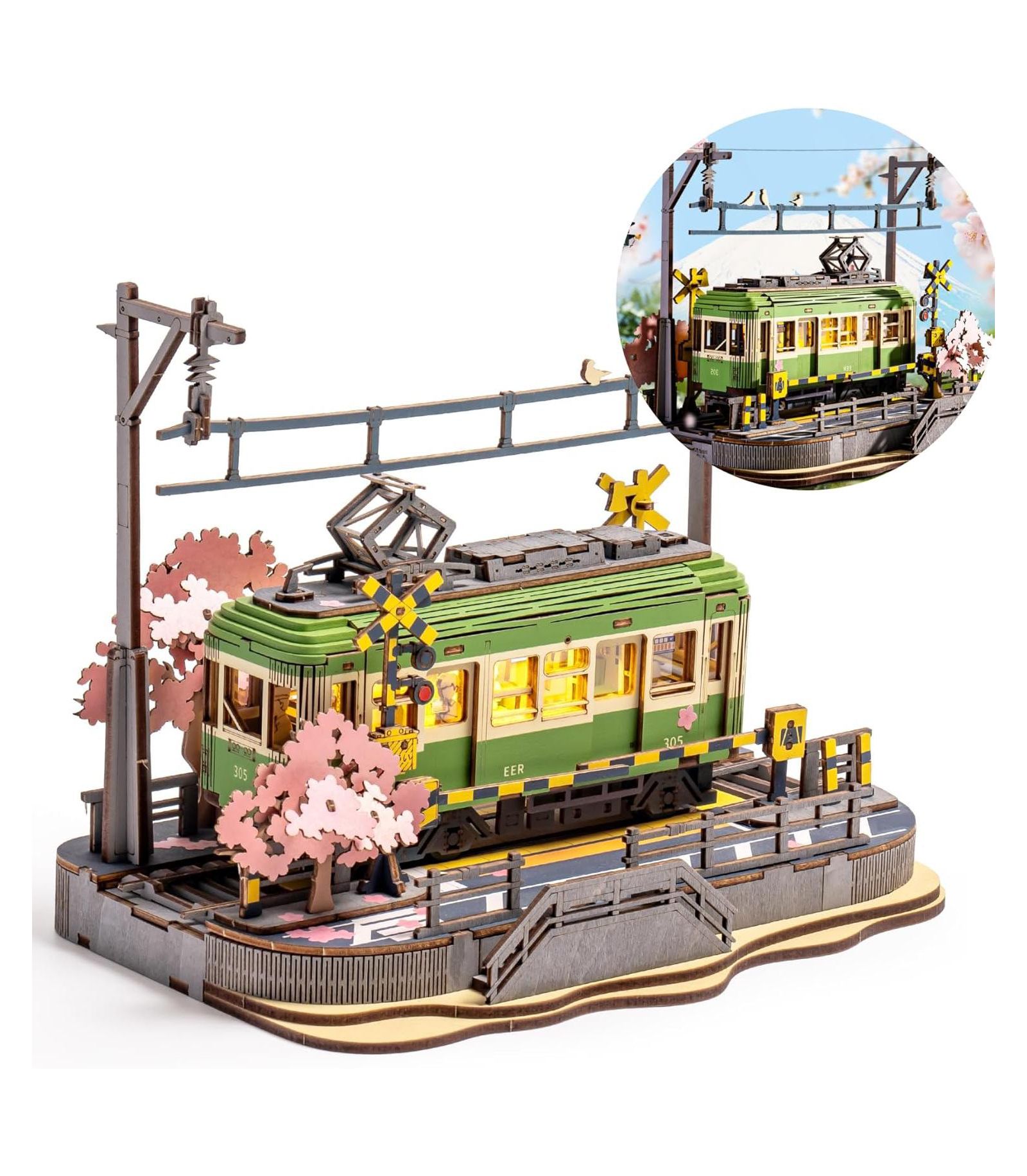 3D Деревянный пазл ROBOTIME Sakura Journey Tram, Model Car Kits Building Set for Adults, DIY Hobby Craft Kits Creative Gift