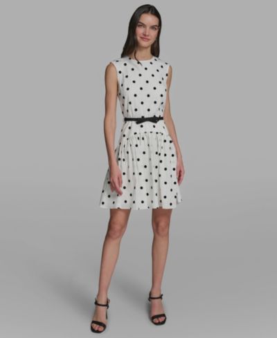 KARL LAGERFELD PARIS Women's Cap-Sleeve Flocked Polka Dot Mini Dress