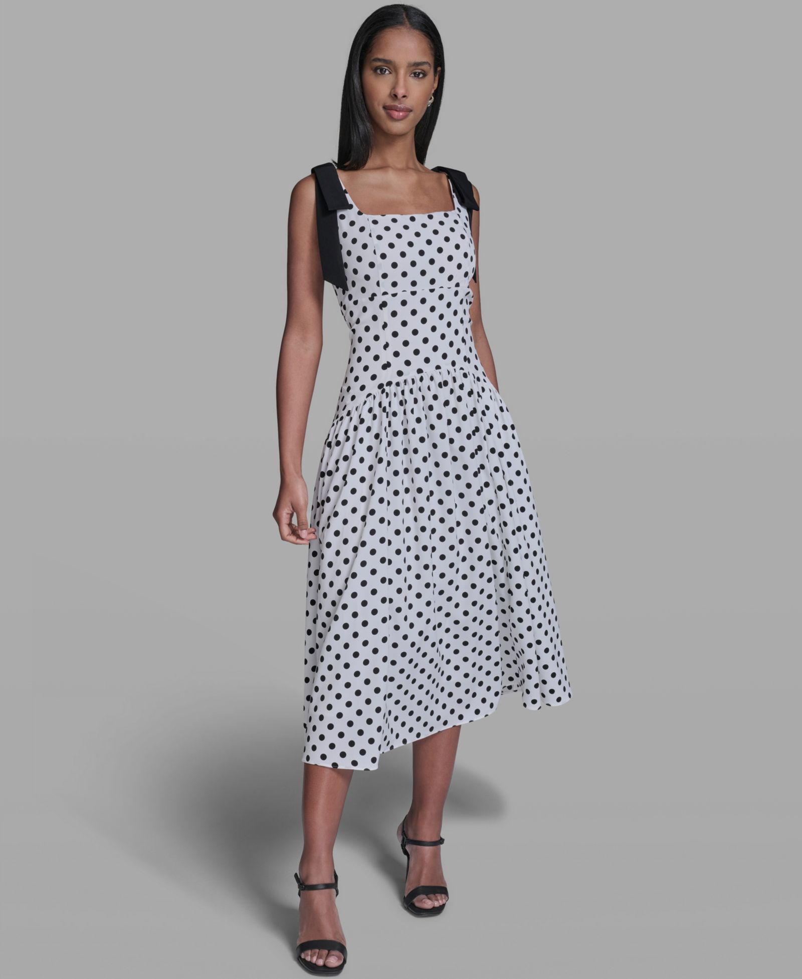 KARL LAGERFELD PARIS Women's Sleeveless Polka Dot Bow Strap Midi Dress