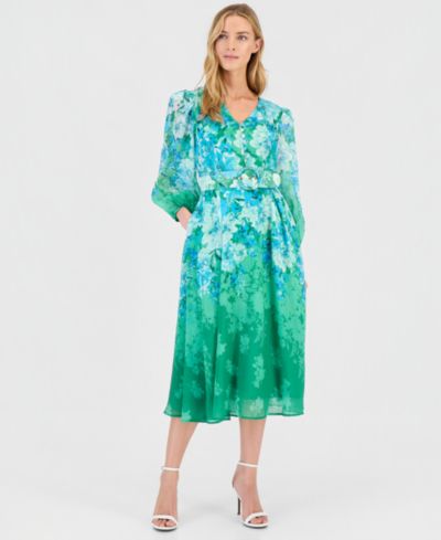 Tahari ASL Women's Printed Long-Sleeve Belted Dress