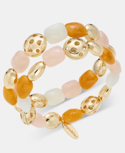 Style & Co Серебристый двухрядный браслет с бусинами, эластичный