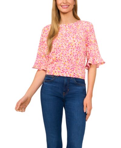 Женская блузка CeCe Floral Crewneck с 3/4 рукавом и рюшами на манжетах