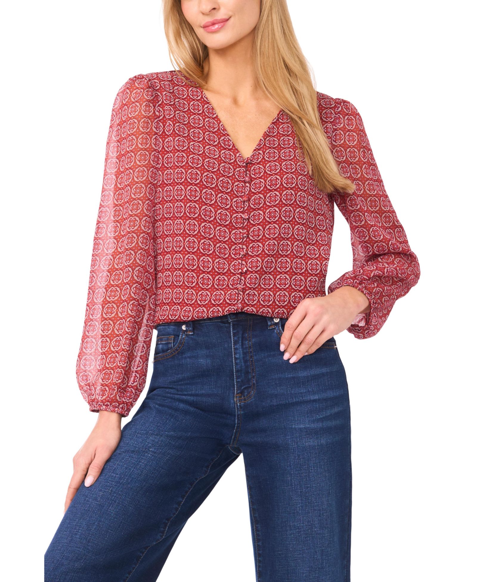 CeCe Women's Elastic Cuff V-Neck Button Up Top