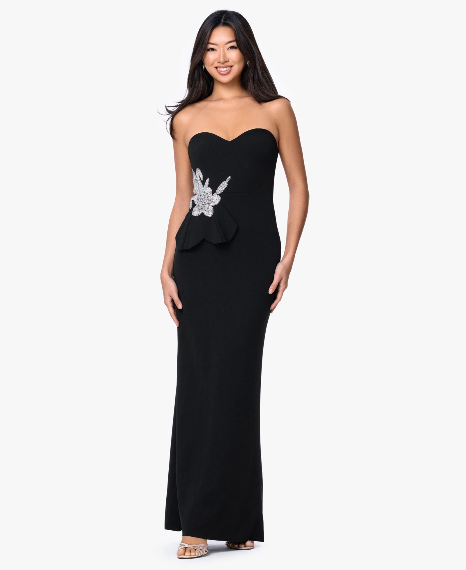 Betsy & Adam Women's Strapless Floral Accent Gown