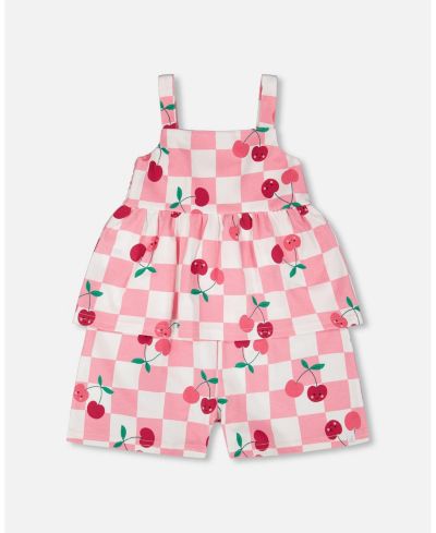 Deux par Deux Little Girls Cotton Jersey Romper Printed Cherries