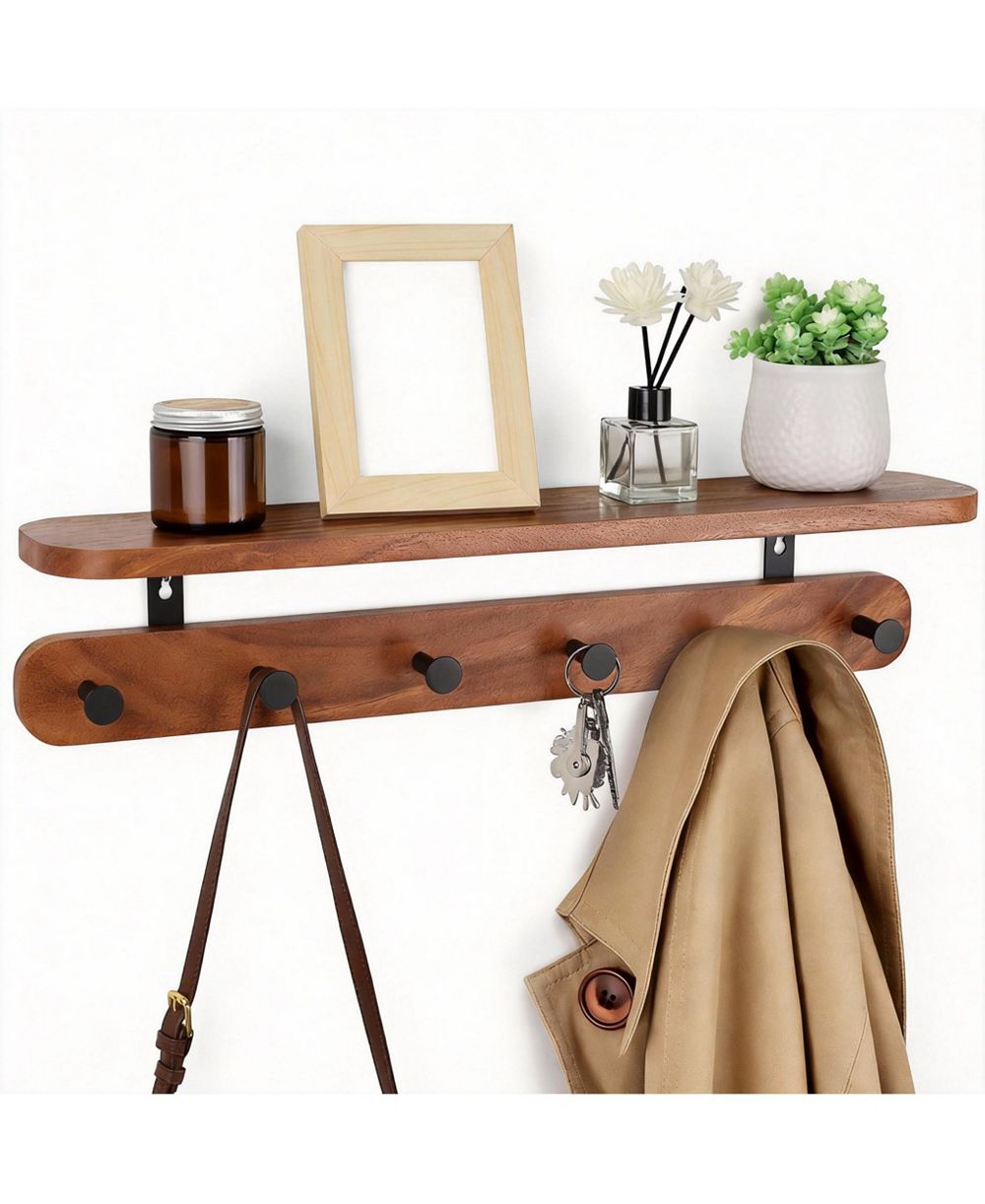 YIGII Walnut Wood Shelf & Hooks Organizer for Entryway