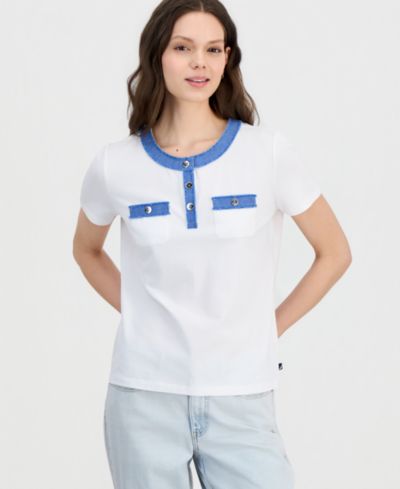 Nautica Women's Denim-Trim Henley Short-Sleeve Top