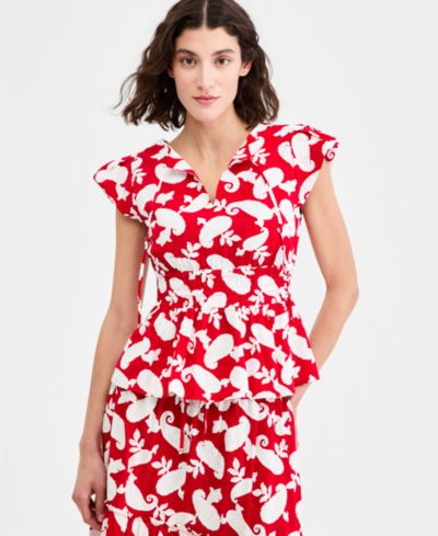 Nautica Women's Bubble-Sleeve Paisley-Print Peplum Top