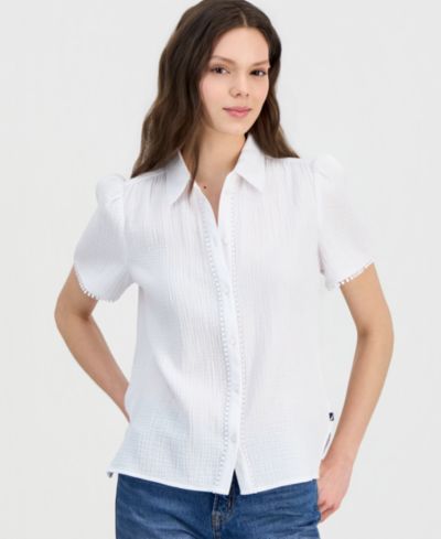Nautica Women's Cotton Bobble-Trim Short-Sleeve Shirt