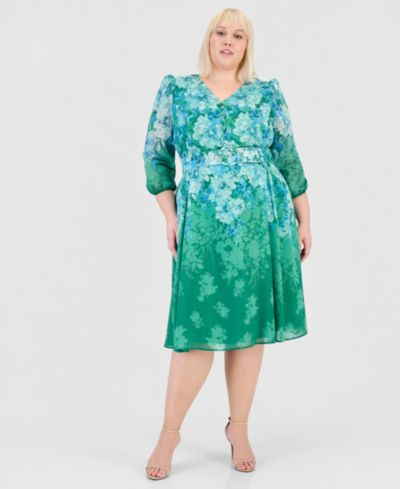 Tahari ASL Платье Plus Size с принтом и поясом, длинный рукав