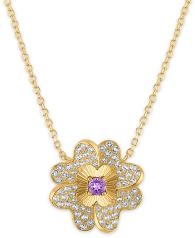 Macy's Blue Topaz (1/20 ct. t.w.) & White Topaz (1/3 ct. t.w.) Diamond Cut Flower Pendant Necklace in 14k Yellow Gold (Also Available in Amethyst)
