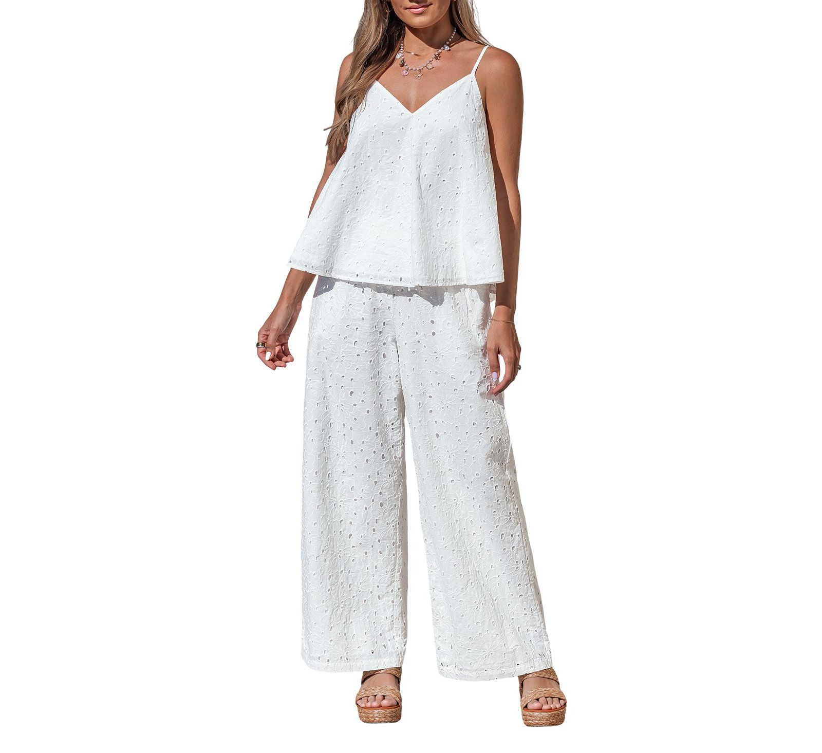 Cupshe Women's V-Neck Eyelet Embroidered Wide-Leg Matching Sets