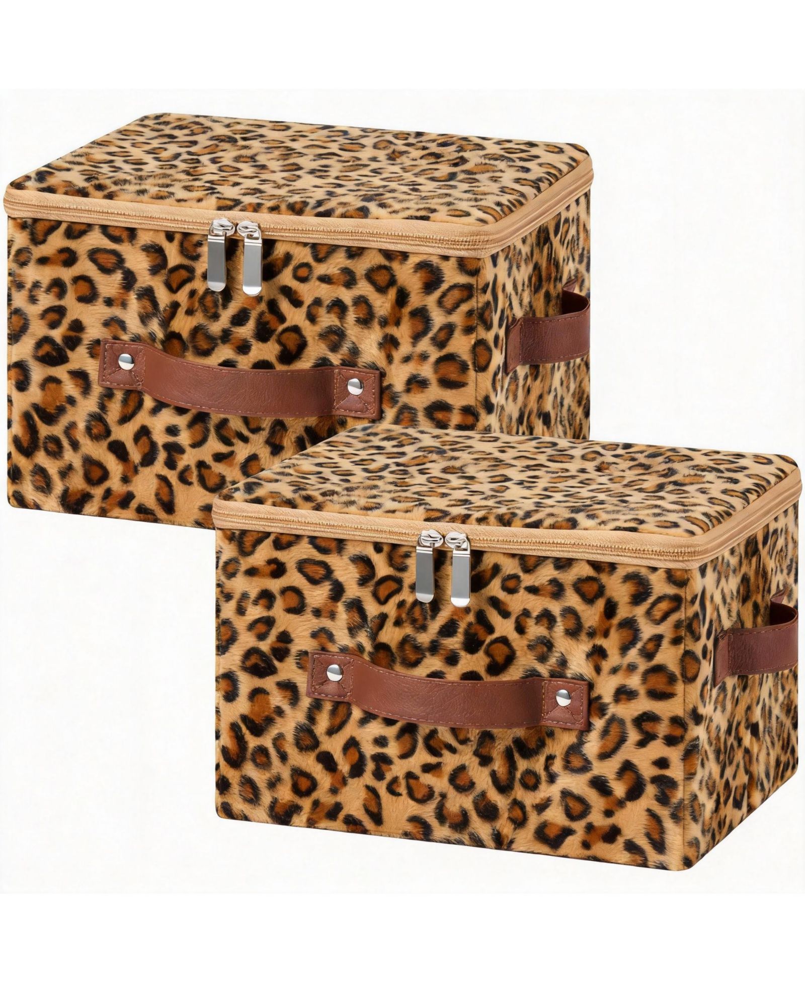 YIGII Leopard Print Storage Bins with Zipper Lid, PU Leather Handles, PP Plastic Board, Foldable, Washable, small-2