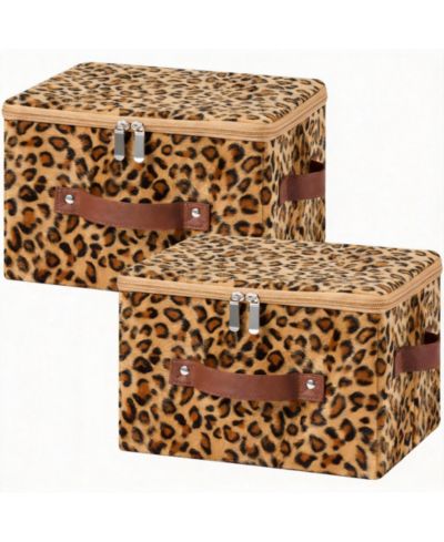 YIGII Leopard Print Storage Bins with Zipper Lid, PU Leather Handles, PP Plastic Board, Foldable, Washable, small-2