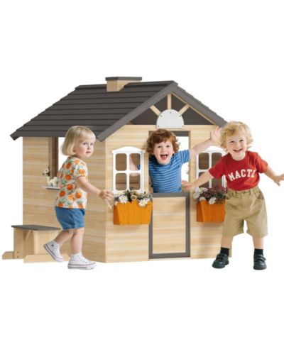 Hongge Outdoor Playhouse with Door, Windows & Bench, 44.5" W x 37" D x 53" H, Ages 3-7