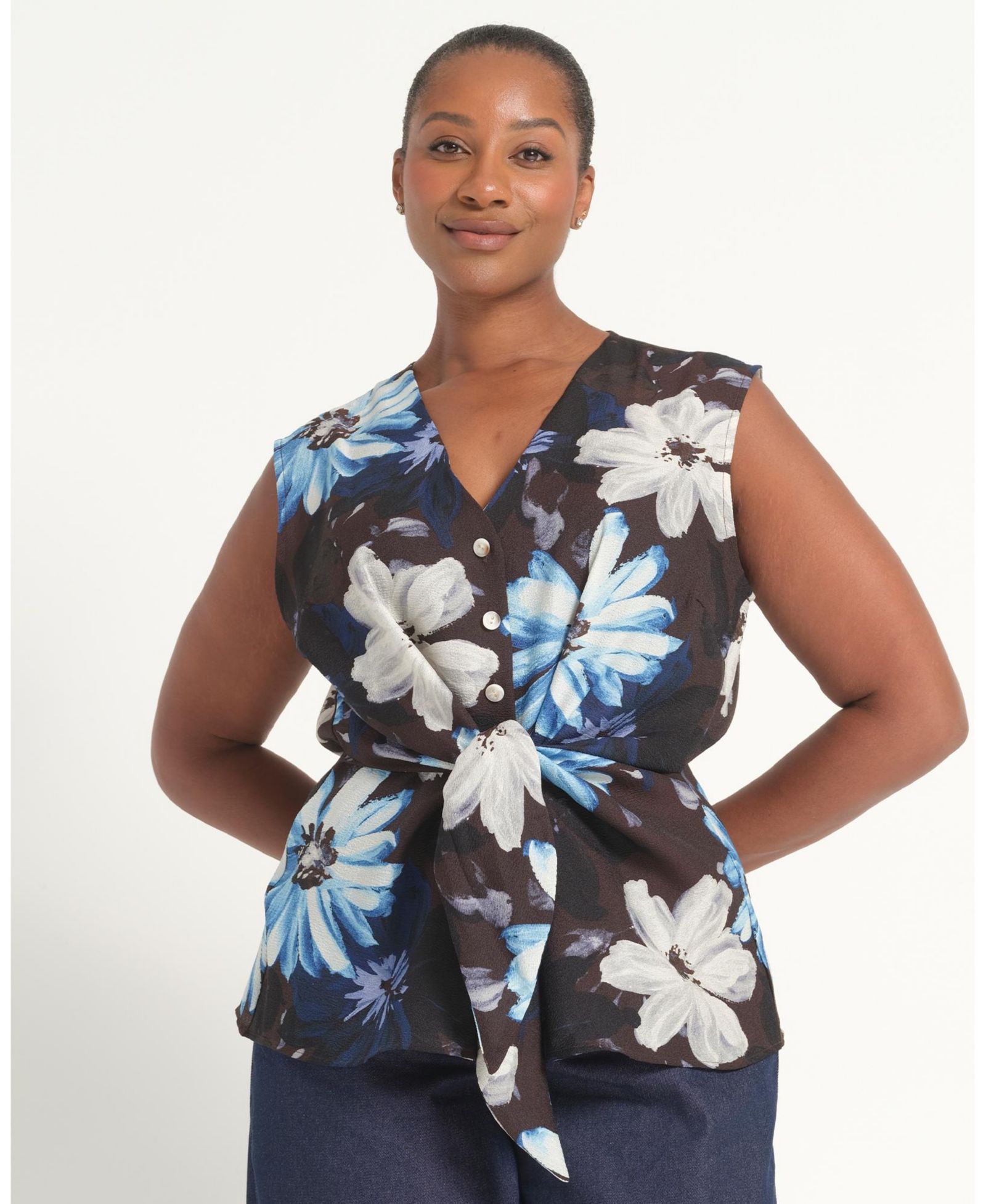ESTELLE Plus Size Aveline Floral Tie-Front Sleeveless Top
