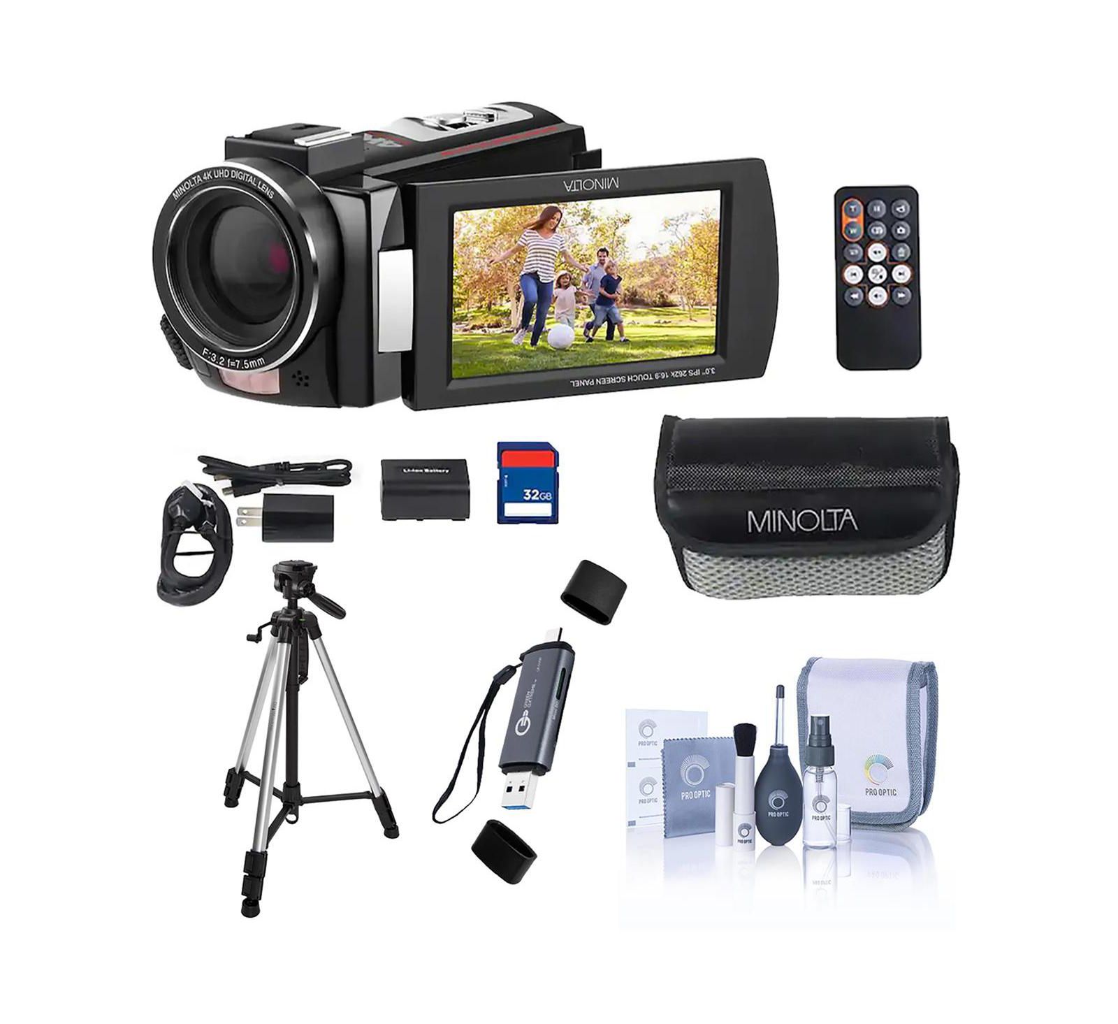 Minolta MN4K25NV 30MP 4K Ultra HD 3" Touchscreen Camcorder with Night Vision, Bundle with 3-Section Tripod, USB 3.0 Card Reader, Cleaning Kit